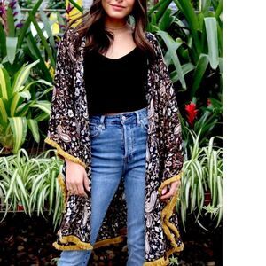 Panache Dixie Kimono‎ Paisley Printed Black & Mustard Fringe on Edges OSFA